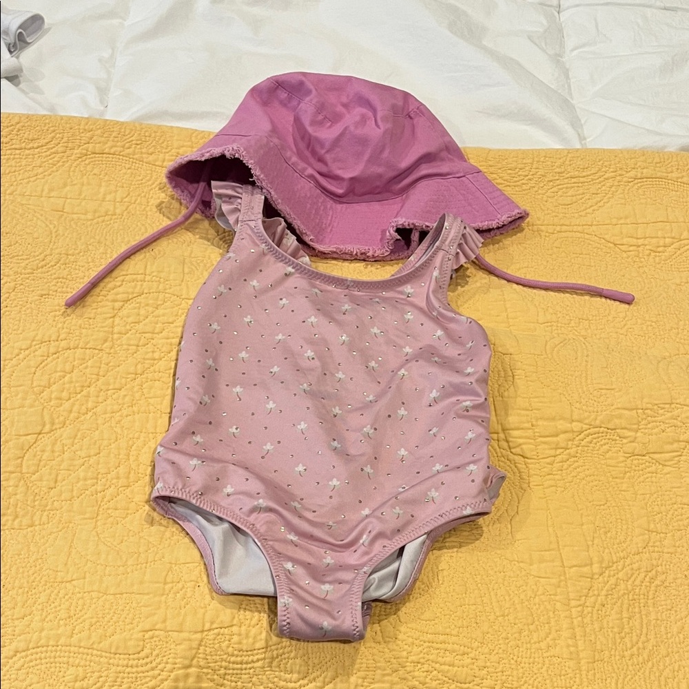Zara Kids Light Pink One Piece Swimsuit with Hat and White Top